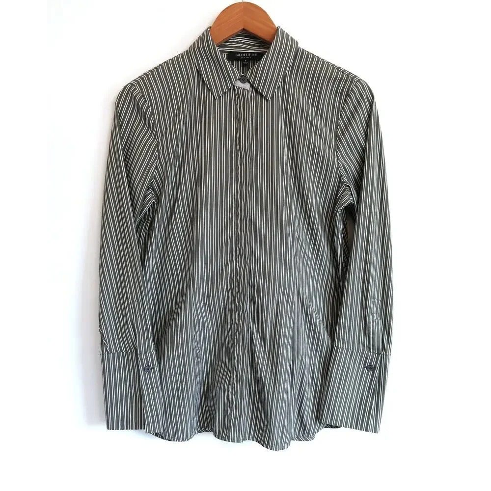 LAFAYETTE 148 NEW YORK Jake Kingsbridge Bay Leaf Stripe Shirt Top Saks S $398 - Picture 1 of 9